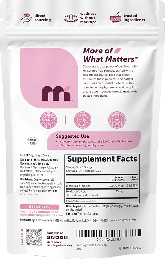 Micro Ingredients Biotin 10000 mcg with Hyaluronic Acid 25 mg Per Serving | Made with Coconut Oil | 365 Softgels | 1 Per Day | One Year Supply | Non-GMO &amp Gluten Free