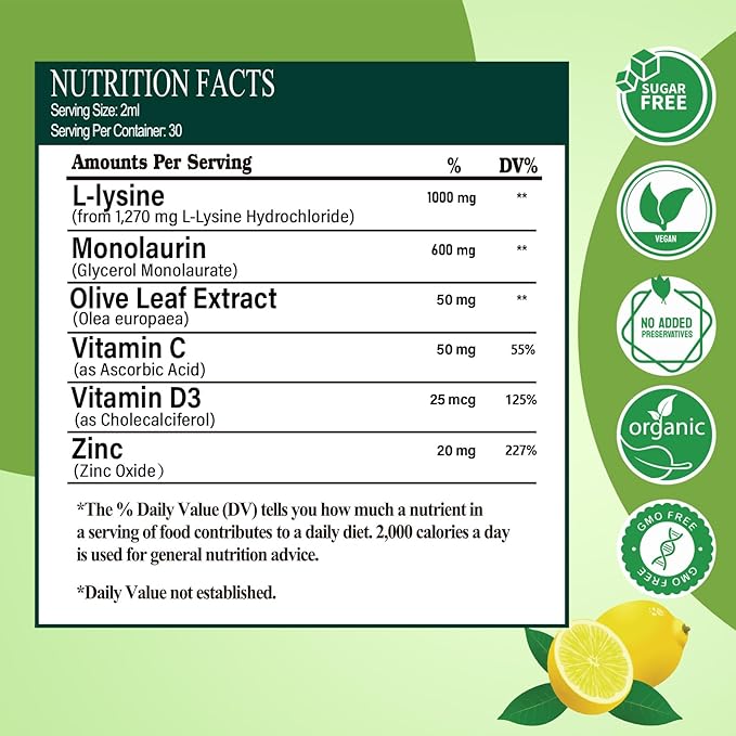 L-Lysine 1000mg Liquid Drops w. Monolaurin Olive Leaf Extract Vitamin C D3 &amp Zinc 6-in-1 Essential Amino Acid Supplement for Immune Collagen Lip &amp Oral Health Liposomal Lysine for Better Abs