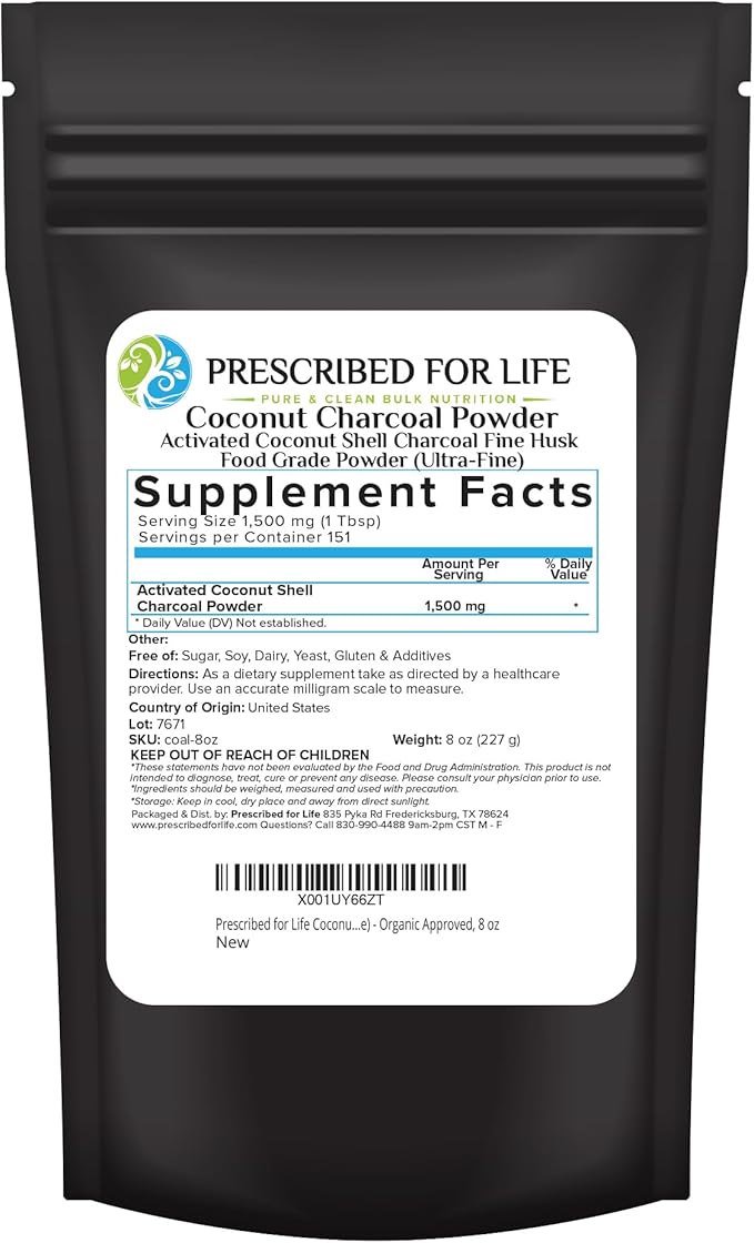 Prescribed For Life Activated Charcoal Powder Coconut Shell Charcoal Ultra Fine Husk Food Grade Powder (8 oz)