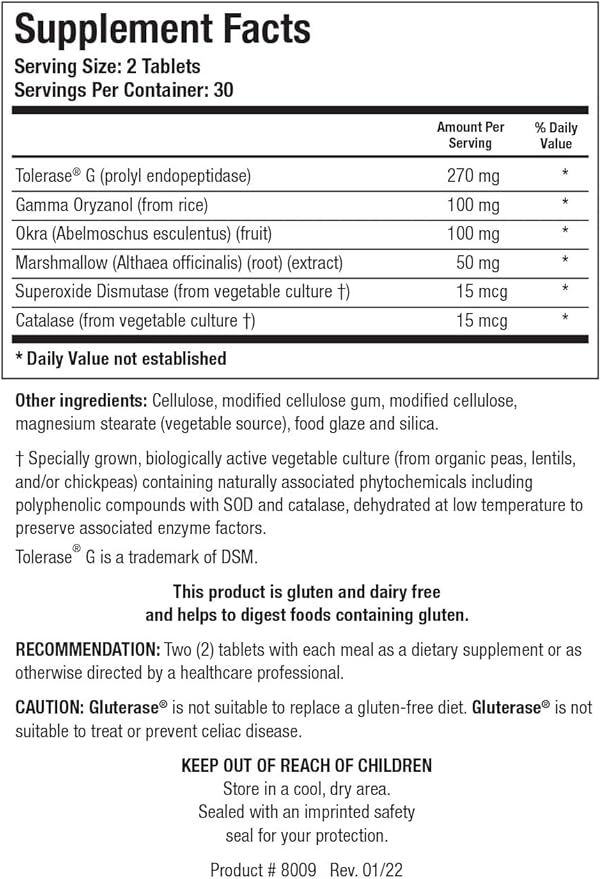 Biotics Research Gluterase Dietary Enzymes for Digesting Gluten Specialized Enzyme Preparation Tolerase Gut-Supportive Nutrients Okra Marshmallow Vitamin U Complex 60 Tablets