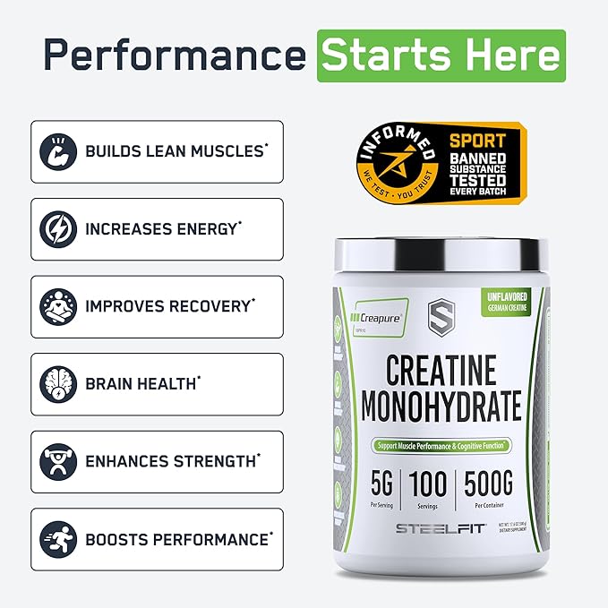 SteelFit Creapure Creatine Monohydrate Powder Unflavored - German Micronized Creatine Powder for Men &amp Women - Gym Workout Nutritional Supplements for Muscle Gain Brain Health &amp Strength Bui