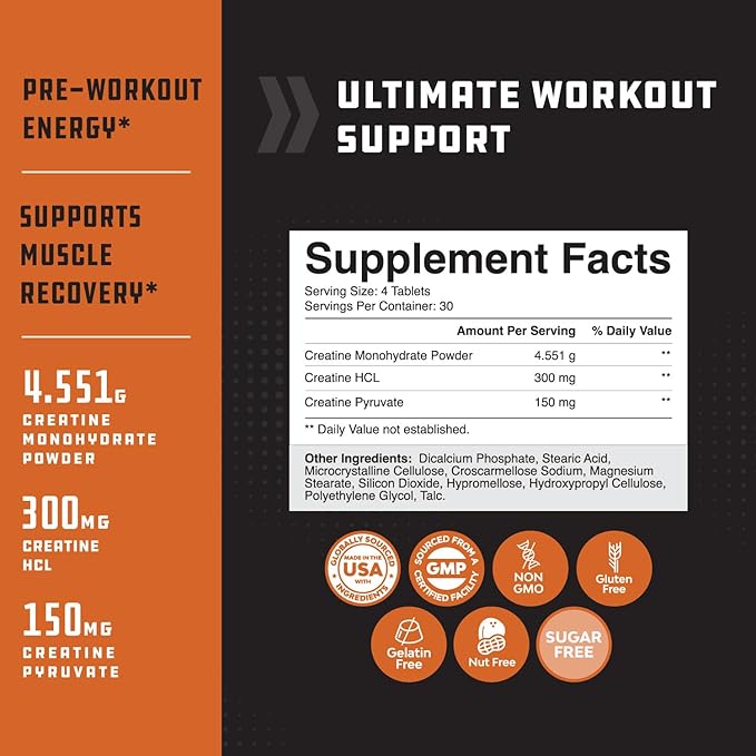 Bundle of Tri Phase Creatine Pills 5g and Extra Strength Test Booster for Men - Muscle Mass Gainer and Muscle Recovery Creatine HCL Pyruvate - Natural Energy Supplement with Horny Goat Weed