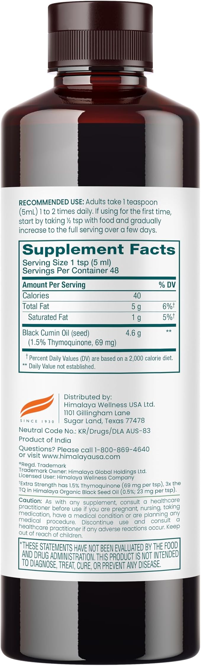 Himalaya Extra Strength Black Seed Oil Cold-Pressed &amp Unrefined 1.5% Thymoquinone (69 mg per TSP) 8 oz