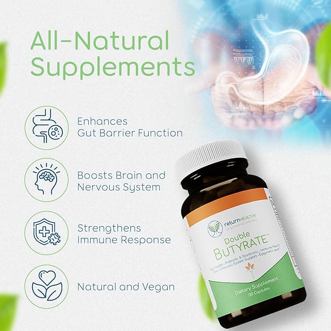 Double Butyrate Gut Health Supplement | Probiotic &amp Postbiotic Digestive Supplements for Gut Support | Enhances Immune Brain &amp Nervous System Function | Odor-Free Formula | 120 caps