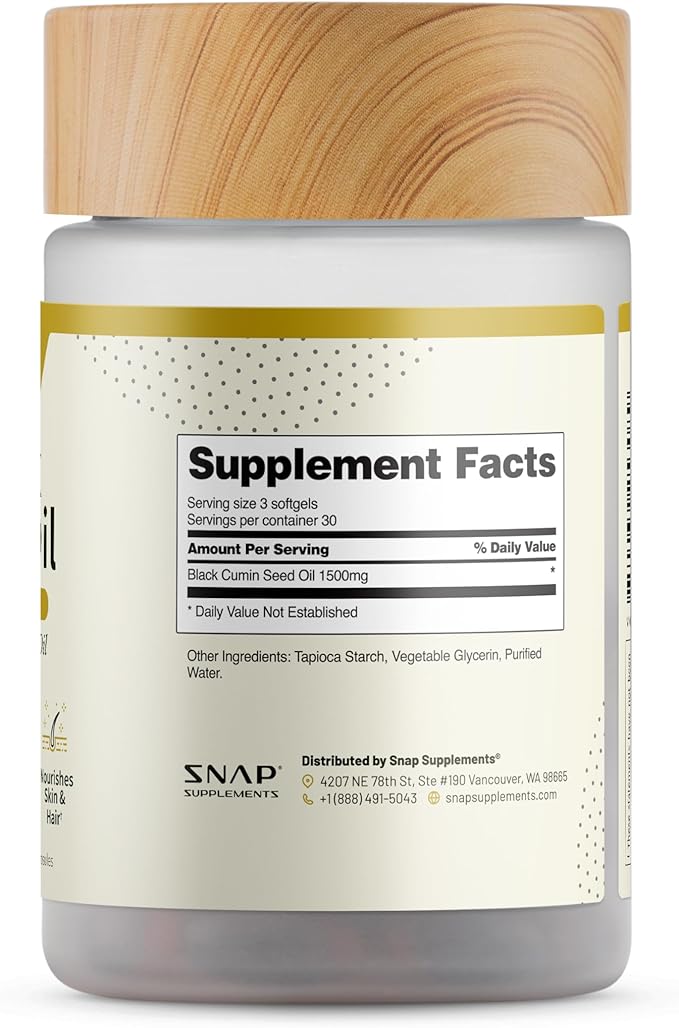 Snap Supplements Black Seed Oil Capsules – 100% Cold Pressed Organic Nigella Sativa – Supports Immune Health Detox Skin Hair Joints &amp Overall Wellness – 90 Softgels