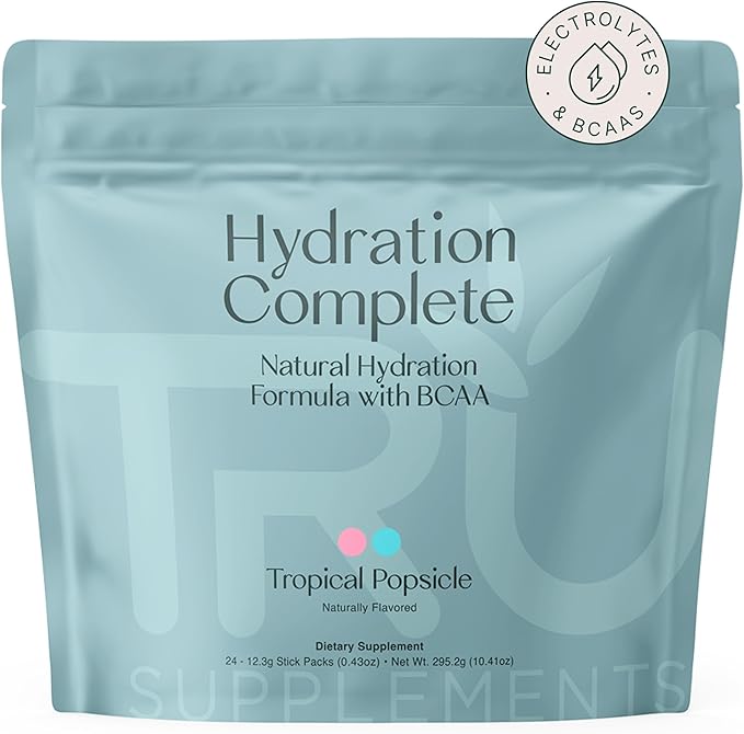 TRU Supplements Hydration Complete BCAA Plant Based Amino Acids + Pink Himalayan Salt Electrolytes &amp L-Carnitine Vegan Zero Calories No Artificial sweeteners 24 Servings Tropical Popsicle