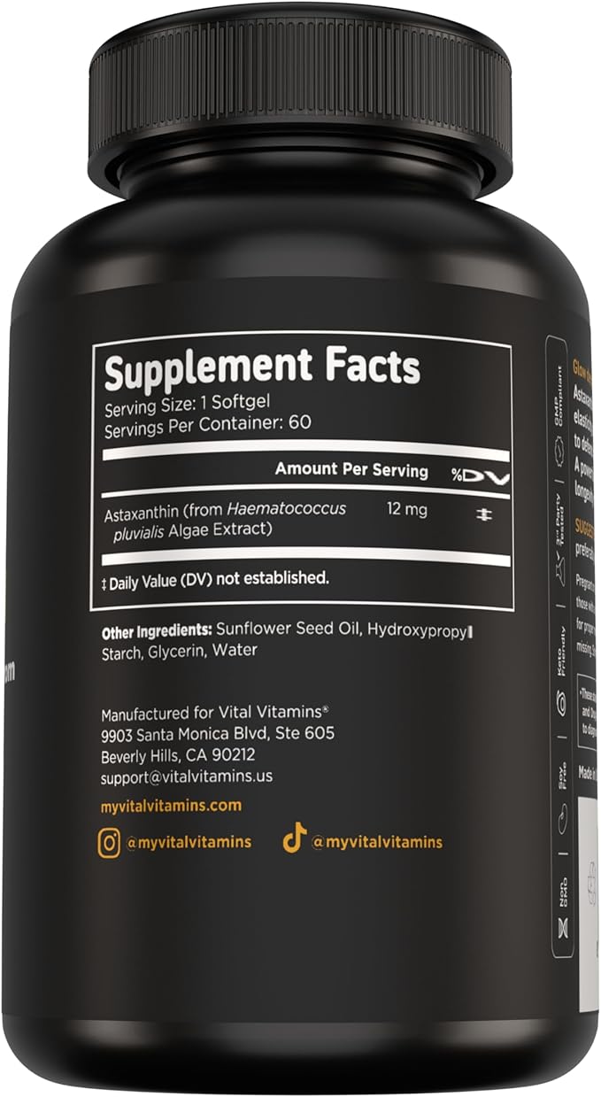 Vital Vitamins Astaxanthin 12mg Softgels - Made with Natural Astaxanthin - Supplement to Promote Skin Hydration Elasticity - Defends Cells Against Daily Damage - Vegan Made in the USA - 60 Soft Gels