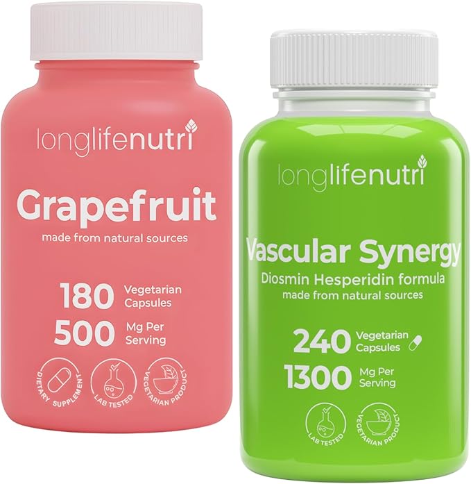 LongLifeNutri Grapefruit Seed Extract 500 mg + Vascular Synergy (Diosmin Hesperidin Complex) 1300 mg Bundle - 180 + 240 Capsules 6-4 Month Supply Daily Energy &amp Vein Support Made in USA