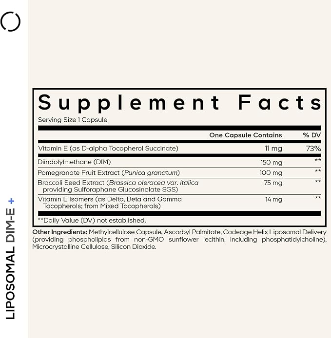 Codeage Liposomal DIM Supplement - 4 Months Supply of DIM Vitamins and SGS Pomegranate Broccoli Vitamin E Isomers Tocopherols Alpha Beta Gamma Delta - Liposomal Formula - Gluten-Free - 120 Capsules