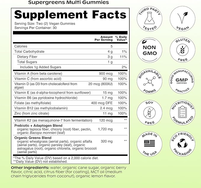 wholier Daily Supergreens Gummies Greens Supplement with Prebiotics Fiber Adaptogens Vegan Multivitamin 9 Essential Vitamins + Minerals 1g Sugar 2 Gummy Serving (60 Gummies 30 Day Supply)