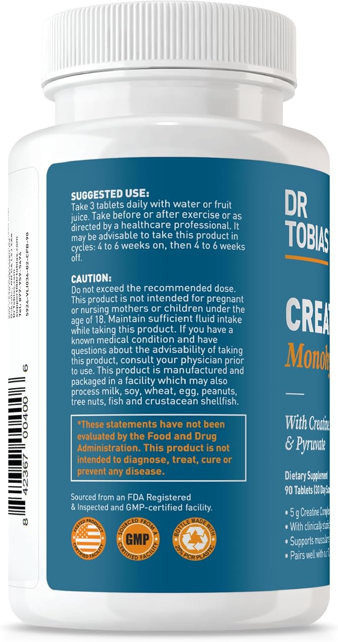 Dr. Tobias Creatine Monohydrate Pills | 5g Complex with Creatine Alpha-Ketoglutarate &amp Pyruvate | Muscle Strength Energy &amp Recovery | 90 Tablets