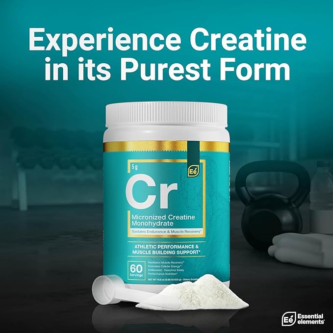 Essential Elements Micronized Creatine Monohydrate Powder for Men &amp Women - Unflavored &amp Easily Dissolved - 60 Servings (2 Pack)