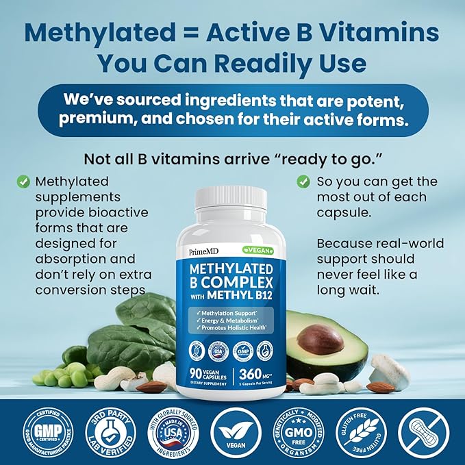 Methylated B Complex with B12 Methylcobalamin &amp Methyl Folate 1000 mcg - Premium Vitamin B Complex for Energy Brain Function and Wellness - Methylated Multivitamin (270 Servings Pack of 3)