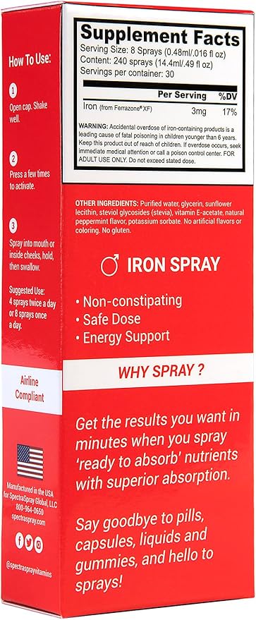 SpectraSpray Iron Daily Supplement 3 mg per Serving - Oral Spray Essential Mineral Iron 30 Day Supply per Spray Vegan Gluten Free &amp no GMOs