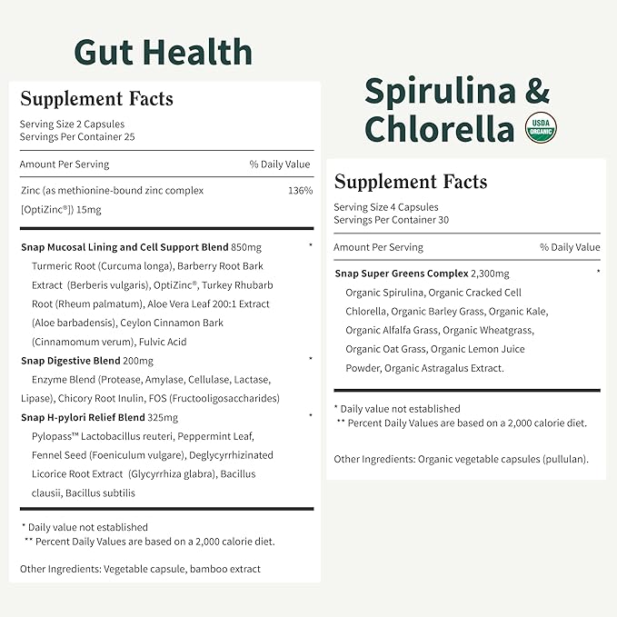 Snap Supplements Gut Health Lipase Supplement &amp Organic Spirulina Chlorella Bundle–Probiotic + Greens–Supports Digestion Detox Energy &amp Immune Health 50 + 120 Vegetarian Capsules (1 Month S
