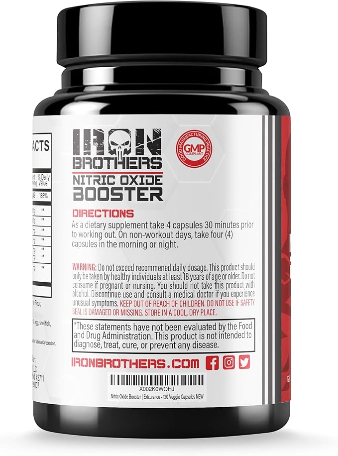 Iron Brothers Nitric Oxide Supplement for Men &amp Women | Pre-Workout Nitric Oxide Booster for Enhanced Muscle Pump Blood Flow &amp Endurance | L-Arginine L-Citrulline Pine Bark Extract | 120 Ve