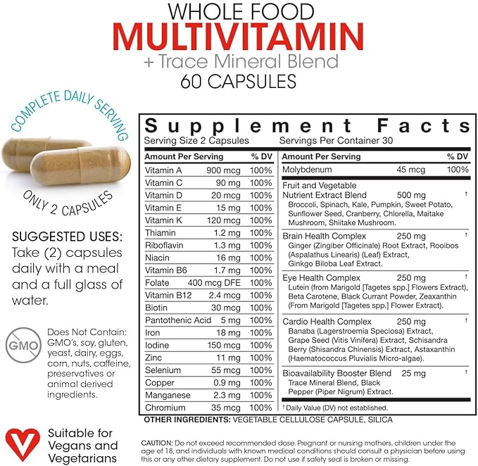 Silver Fern Whole Food Daily Multi Vitamin w/Trace Mineral Blend Supplement - 2 Bottles - 60 Vegicaps Each - 60 Day Supply - Natural Non-GMO Vegan Multivitamin for Men &amp Women - Zero Synthetics