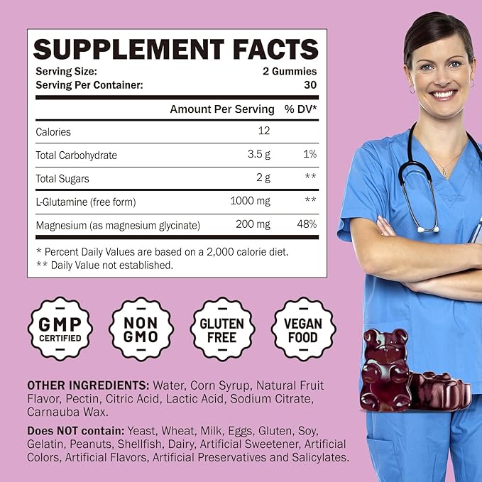 L Glutamine 1000mg Gummies - Muscle Relief &amp Immune Support Amino Acid Supplement with Magnesium Glycinate Vegan &amp Non-GMO Gluten Free (60 Count)