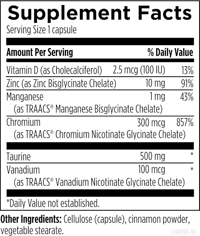Designs for Health Chromium Synergy - Non-GMO Chromium Nicotinate Glycinate Chelate Supplement with Vanadium Vitamin D Manganese Zinc + Taurine - Cinnamon Powder Base (90 Capsules)