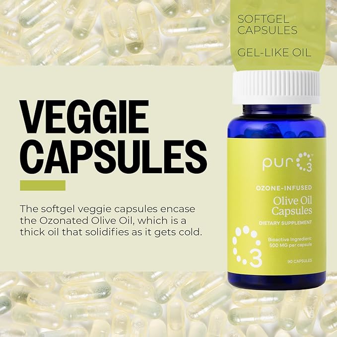 PurO3 Extra Virgin Olive Oil Capsules - High Potency Pure Ozonated Oils for Immune Support &amp Wellness Benefits - Organic Oxygen Infused Supplement - 90 Veggie Softgels
