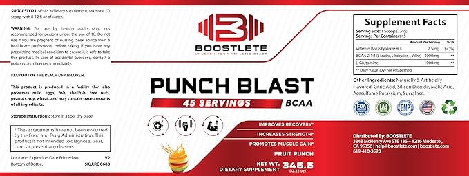 Punch Blast BCAA Powder – Fruit Punch Flavor – Intra Workout Amino Acids with Glutamine &amp Vitamin B6 – 45 Servings – Muscle Recovery &amp Strength Support Supplement