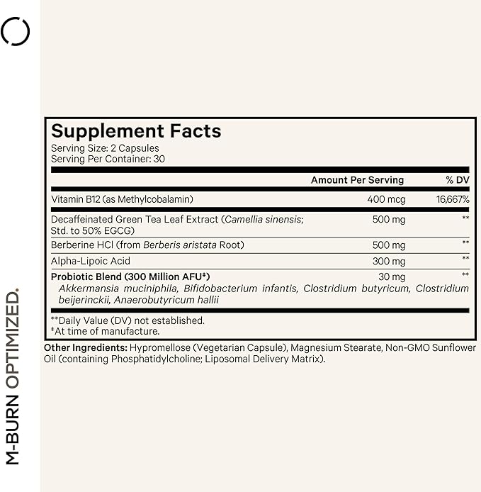 Codeage M-Burn Optimized Supplement - Decaffeinated Green Tea Std. to 50% EGCG Berberine Akkermansia Vitamin B12 - Probiotics - Vitamins - 60 Capsules