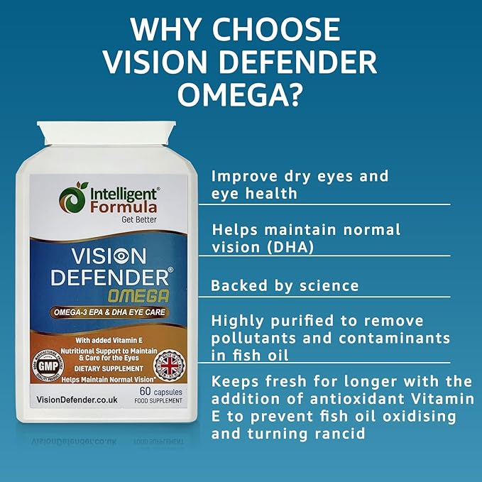 VISION DEFENDER OMEGA Eye Supplement: Care and Relief for Dry Eyes Improve Eye Health- High Strength 1000mg Pure Omega-3 Fish Oil (400mg EPA 200mg DHA per capsule)+Vitamin E (60 Softgels) Made in UK