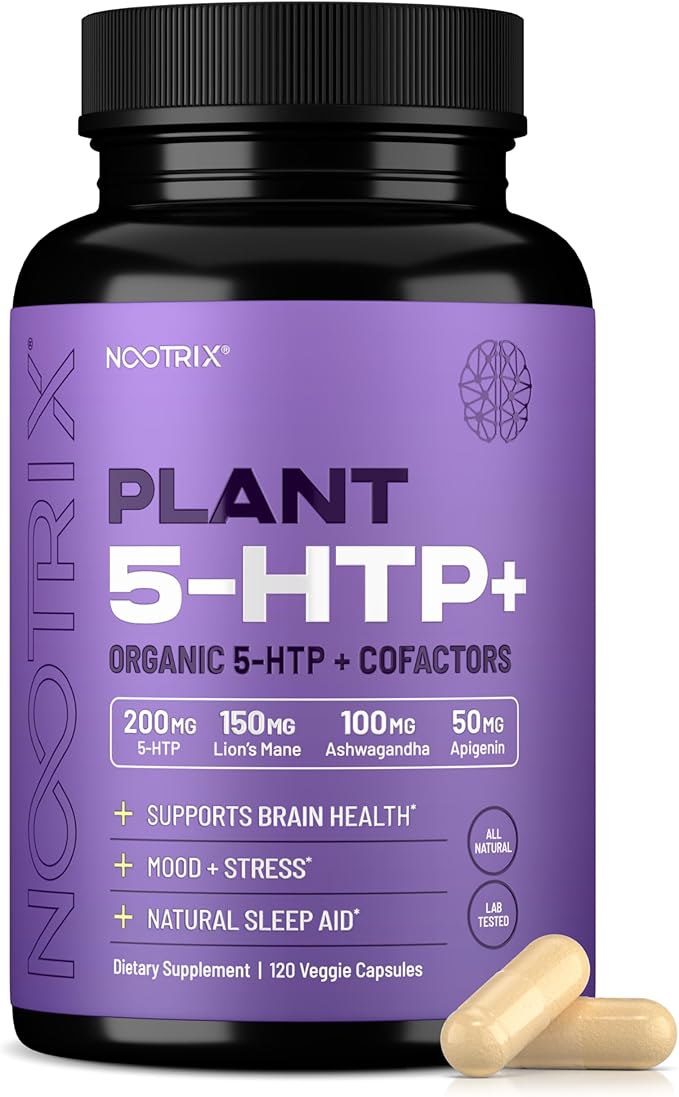 Nootrix Organic Plant 5 HTP+ Supplement | Supports Memory Mental Focus Cognitive Health &amp Energy | Promotes Healthy Mood &amp Brain Function | Vitamin B6 &amp L Theanine | 120 Capsules