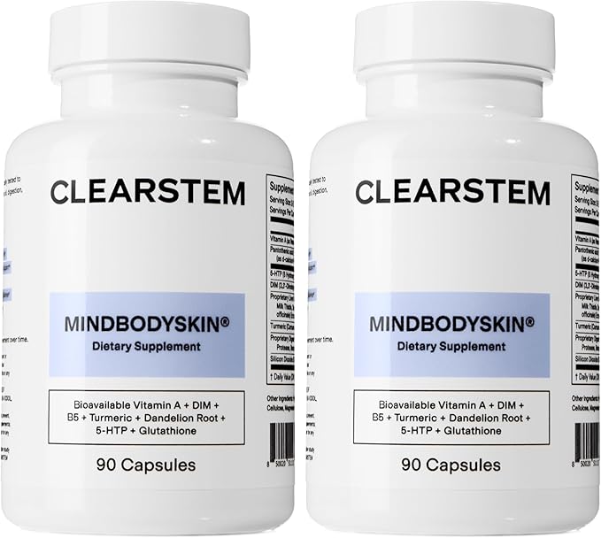 CLEARSTEM - MINDBODYSKIN Hormonal Acne Supplement (5-HTP) - Natural DIM Supplement - Skin Care Vitamins - Hormone Balance Antioxidants - Gluten Free Cruelty Free - 60 Servings 180 Capsules