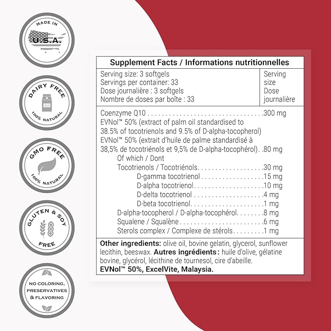 Supersmart - Coenzyme Q10 + Tocotrienols 300mg per Day (Patented &amp Bioavailable) - CoQ10 Supplement with Tocotrienols - Palm Oil Extract | Non-GMO &amp Gluten Free - 100 Softgels