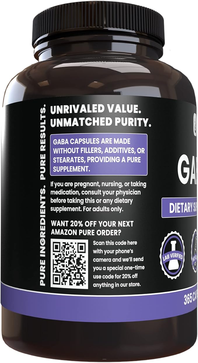 PURE ORIGINAL INGREDIENTS GABA (365 Capsules) No Magnesium Or Rice Fillers Always Pure Lab Verified