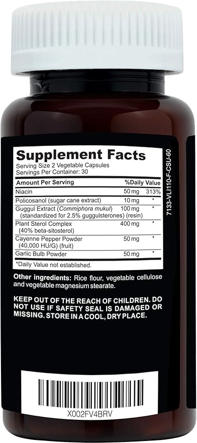 Clinical Daily Cholesterol Care Supplement. Vegan Cholesterol and Triglyceride Supplements. Plant Sterols Supplements Cholesterol Support with Guggul Garlic Niacin. 60 Capsules