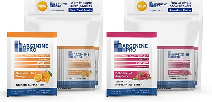 L-ARGININE PRO 2-Pack of 30 Single Serve Packs (60 Packets in Total) Orange &amp Raspberry That are Great Tasting! | Blood Flow | Pre-Workout Drink | with Vitamins C B6 B12 K &amp More