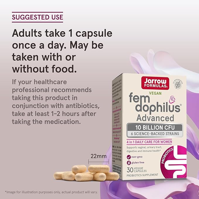 Jarrow Formulas Fem-Dophilus Advanced Vaginal &amp Digestive Probiotics 10 Billion CFU for Vaginal Urinary Tract Digestive &amp Immune Support 30 Capsules (Pack of 2)