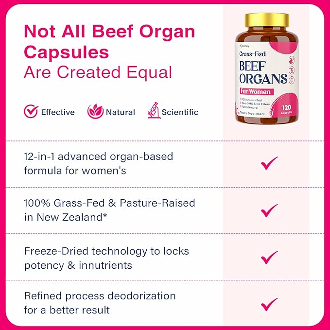 12-In-1 Beef Organ Supplement for Women - Beef Liver Uterus Kidney Heart Pancreas 5 Vitamins &amp 2 Herbs Hormone Balance Menstruation Energy Immune - 100% Grass Fed Pasture Raise - 120 Cap