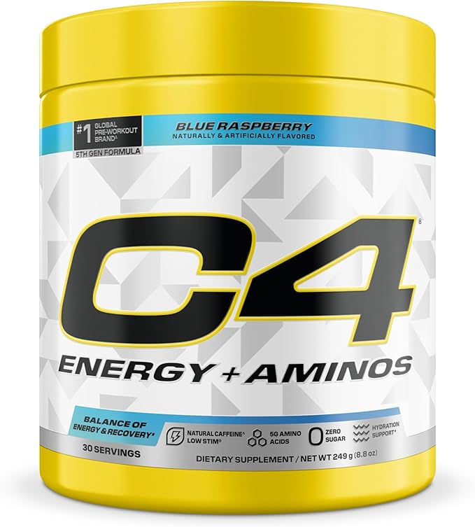C4 Energy + Aminos Powder 5g BCAAs &amp EAAs for Muscle Recovery 3 Electrolytes for Hydration 100mg Natural Caffeine Pre Workout Zero Sugar 30 Servings Blue Raspberry