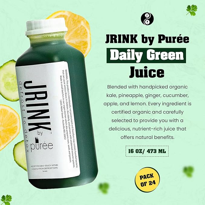 JRINK by Purée Daily Green Juice Cold Pressed Organic Fruit and Vegetable Blend Detox Cleanse Healthy Raw Greens Drink No Preservatives Juice Cleanse 16oz HDPE Bottles Pack of 24
