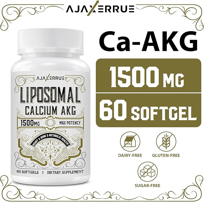 Liposomal Calcium AKG Supplement 1500 MG (Alpha-Ketoglutaric Acid) More Effective Than AAKG Ca AKG for Longevity Age Defense Cellular Energy Metabolic Function 60 Softgels