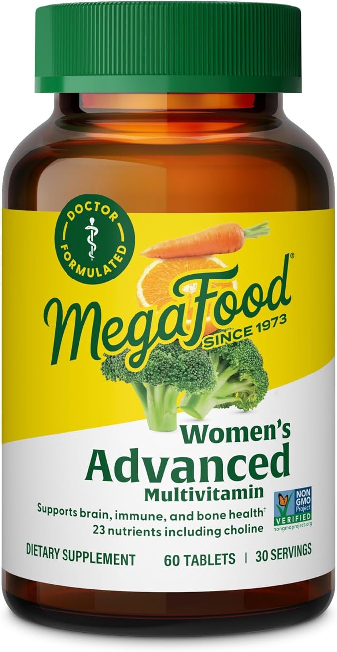 MegaFood Women's Advanced Multivitamin for Women - Doctor-Formulated With Iron Choline Vitamin D Vitamin C &amp Zinc - Brain Health - Immune Support - Non-GMO - Vegetarian - 60 Tabs (30 Servings)