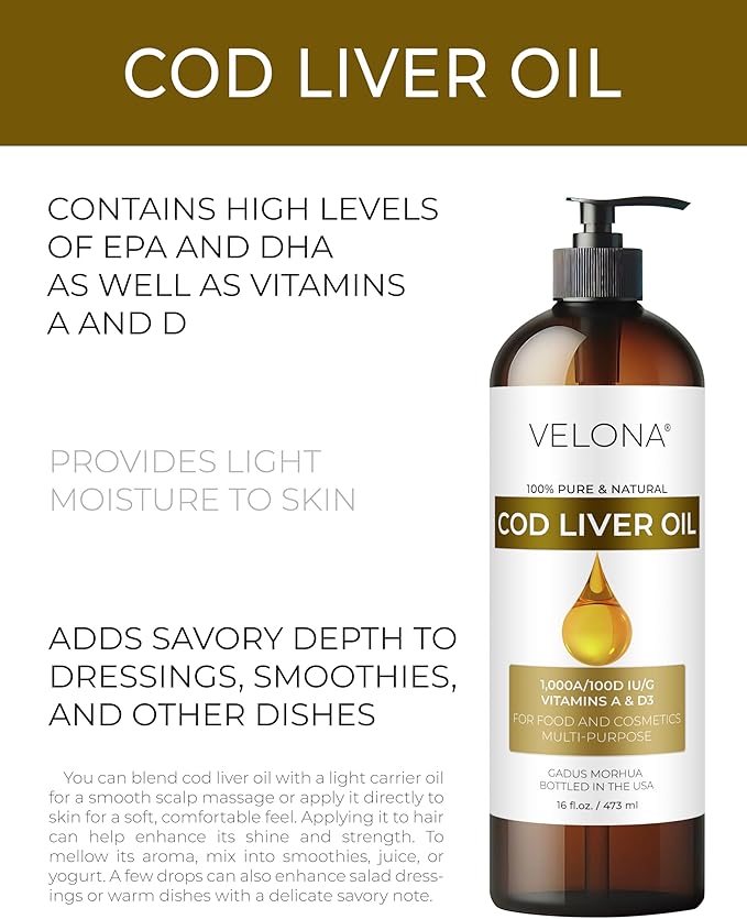 velona Cod Liver Oil - 16 Fl Oz | 1000A/100D IU/g Omega 3 Vitamins A &amp D3 | Norwegian Arctic Sustainably Sourced Nordic Oil | Hair Body and Skin Care | Use Today - Enjoy Results