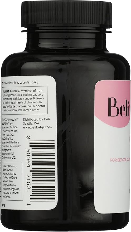 Beli Women Prenatal Multivitamin for All Stages of Pregnancy 400mg Choline Folate Vitamin D. Supports Egg Quality and Fertility Gluten &amp Allergen Free 90 Vegan Capsules (30-Day Supply)