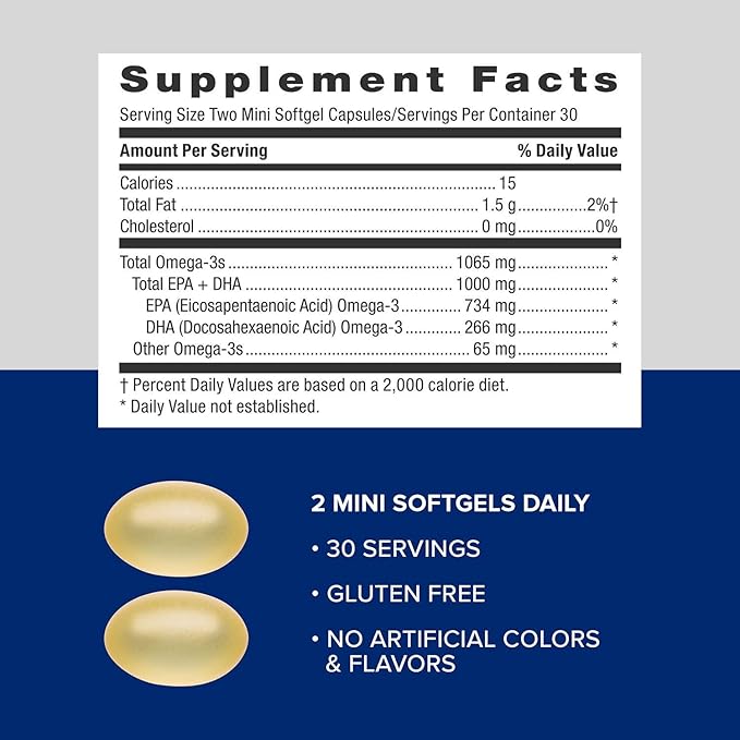 GNC Triple Strength Fish Oil Mini Omega 3 Supplement 1000mg EPA and DHA Supports Heart Brain Skin Eye and Joint Health 60 Mini Softgels