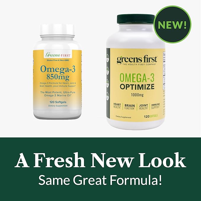 Greens First Omega-3 Optimize Daily Supplement Ultra-Pure Potent Marine Oil - for Heart Brain &amp Joint Health - High EPA/DHA - Immune Support - 850mg - 120 Softgels