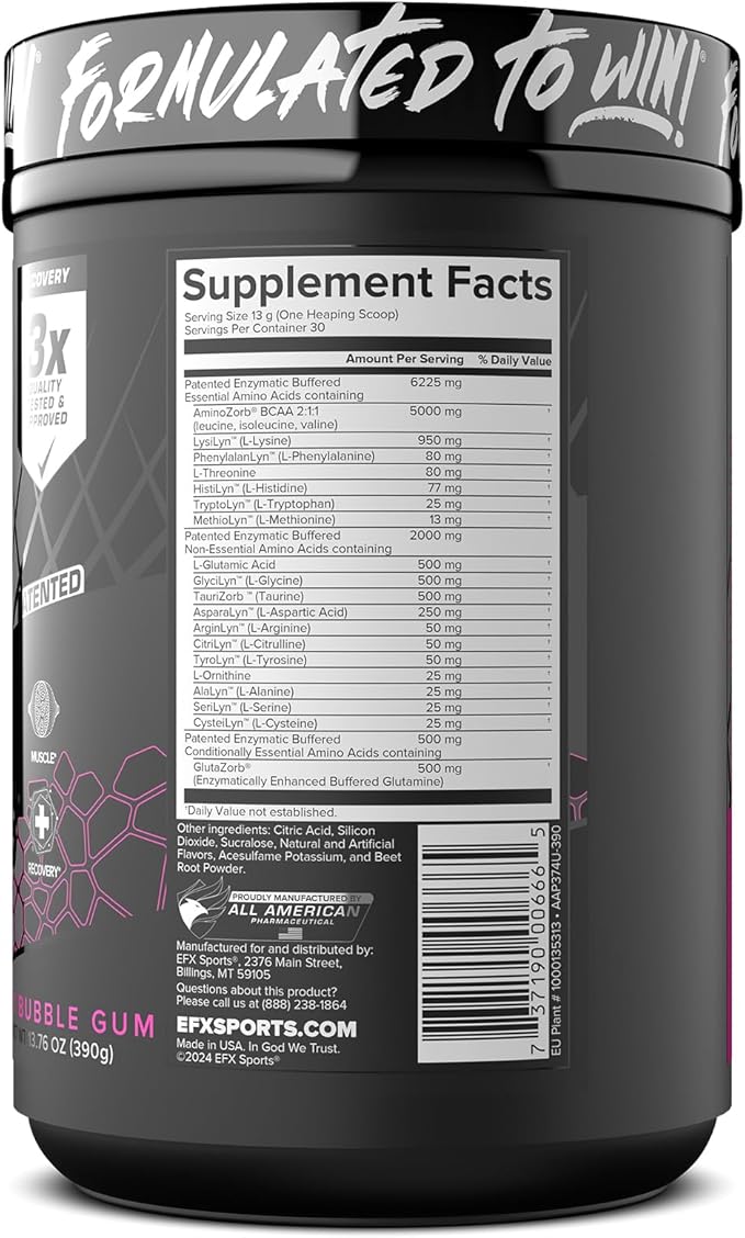 EFX Sports Aminozorb Elite 21 | PH-Correct Full Spectrum Aminos + Glutamine | Essential &amp Non Essential Aminos | Zero Sugars | 30 Servings (Pink Bubblegum)