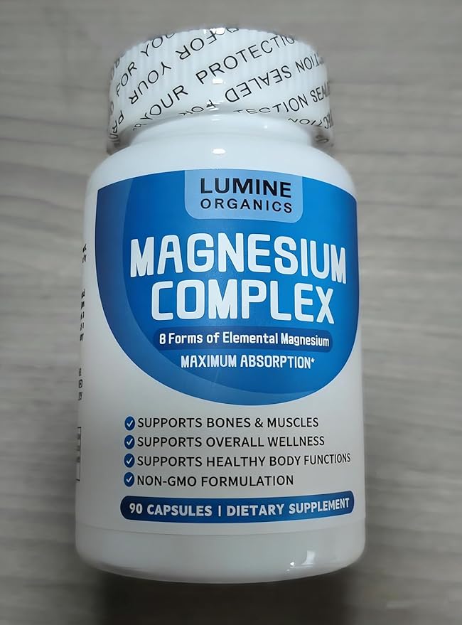 1PCSLumine Organics Magnesium Complex Supplement 1000mg - Advanced 8-in-1 Magnesium Blend - Glycinate Citrate Malate Taurate etc.– High Absorption Formula – Non-GMO 90 Capsules (1B)