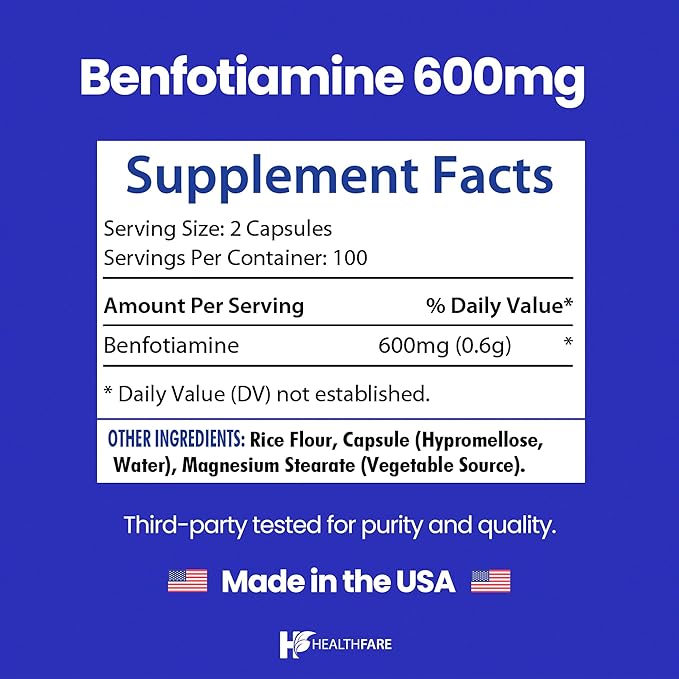 Healthfare Benfotiamine 600mg | 200 Veg Capsules | Enhanced Absorption | Supports Overall Health | Increased Bioavailability