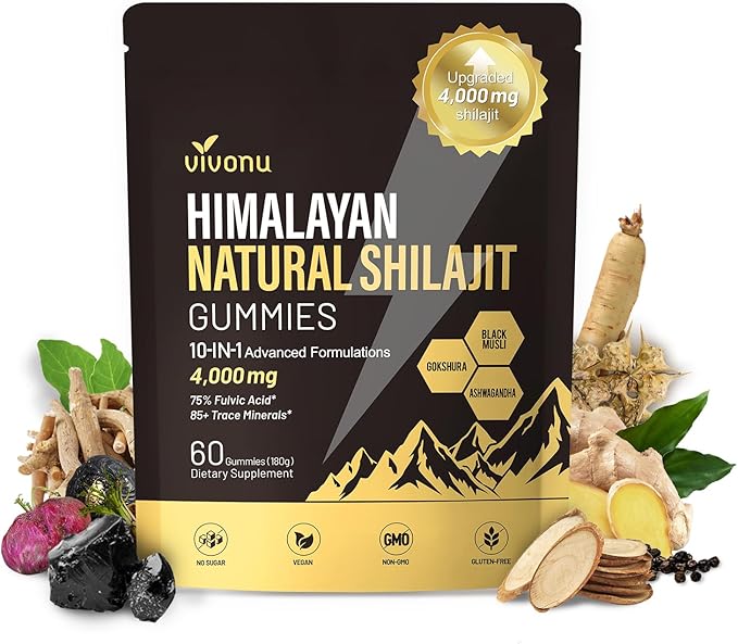 VivoNu Himalayan* Shilajit* Gummies with Ashwagandha* &amp Gokshura | 85+ Trace Minerals &amp Fulvic Acid | Organic Micronutrient Supplement for Men &amp Women (Men 4000mg / 1 Bag)