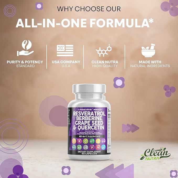 Clean Nutraceuticals Resveratrol Berberine Grape Seed Extract Quercetin Green Tea Extract Polyphenol Supplement for Women &amp Men N-Acetyl Cysteine Acai - 2Pack