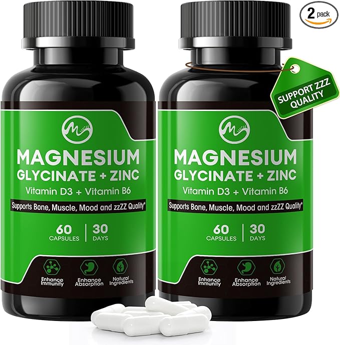(2 Pack) Magnesium Glycinate Capsules Magnesium Supplement with Zinc Vitamin D3 &amp B6 - Highly Bioavailable and Absorption - Bone Heart Joint Immune Support 120 Vegan Capsules
