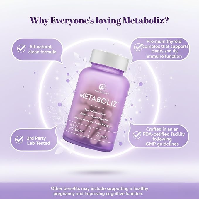 Bloat No More METABOLIZ – Metabolism Booster for Women Thyroid Support Supplement with Selenium Iodine B12 &amp Zinc – Supports Energy Focus Immunity &amp Digestion Gluten-Free. 60 Capsules